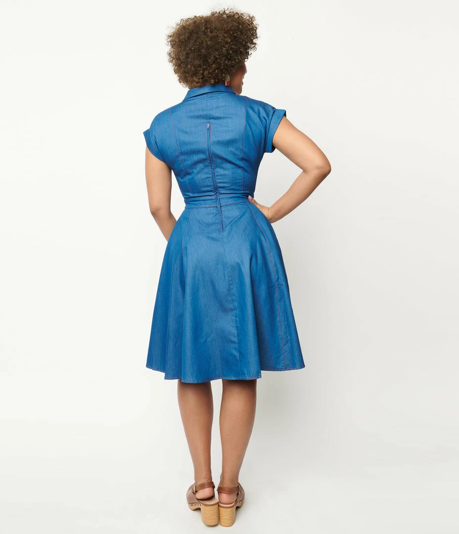 Lifestyle Group (UK) Ltd Blue Chambray Seaside Diner Swing Dress
