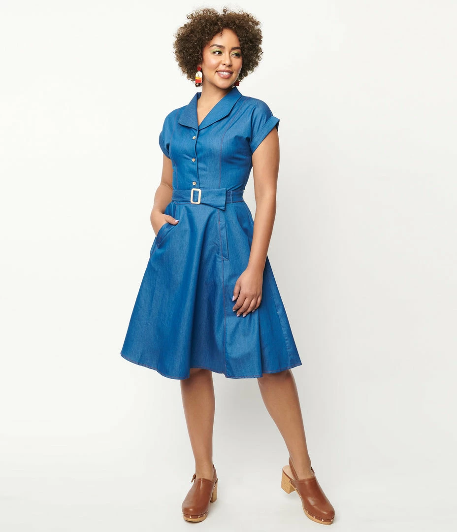 Lifestyle Group (UK) Ltd Blue Chambray Seaside Diner Swing Dress