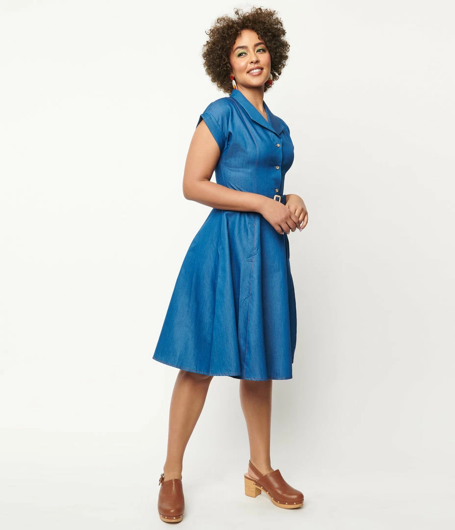 Lifestyle Group (UK) Ltd Blue Chambray Seaside Diner Swing Dress