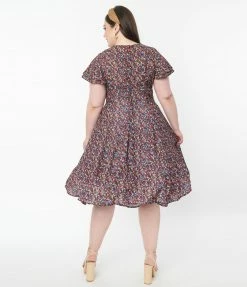 SHEEN Clothing Ltd 1950s Plus Size Black & Multi Floral Swing Dress
