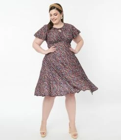 SHEEN Clothing Ltd 1950s Plus Size Black & Multi Floral Swing Dress