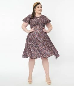 SHEEN Clothing Ltd 1950s Plus Size Black & Multi Floral Swing Dress