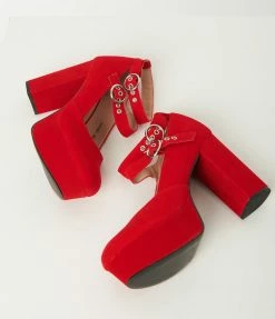 Shoes Unique Vintage Red Suede Double Buckle Platform Heels