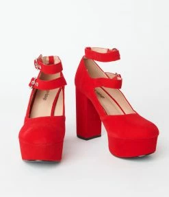 Shoes Unique Vintage Red Suede Double Buckle Platform Heels