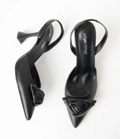 Unique Vintage Black Leatherette Rose Pointed Toe Heels Shoes