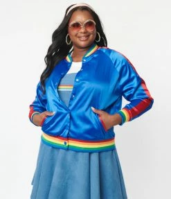 Jackets Rainbow Brite X Unique Vintage Plus Size Royal Blue Satin Bomber Jacket