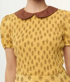 Smak Parlour Mustard & Brown Floral Smocked Fit & Flare Dress Collections
