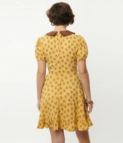 Smak Parlour Mustard & Brown Floral Smocked Fit & Flare Dress Collections