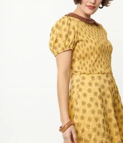 Smak Parlour Mustard & Brown Floral Smocked Fit & Flare Dress Collections