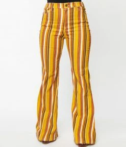 Bottoms Unique Vintage Orange & Yellow Stripe Denim Flare Jeans