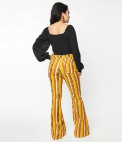 Bottoms Unique Vintage Orange & Yellow Stripe Denim Flare Jeans