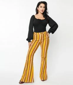 Bottoms Unique Vintage Orange & Yellow Stripe Denim Flare Jeans