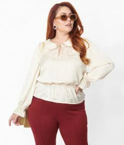 Unique Vintage Plus Size Champagne Satin Peplum Blouse Tops