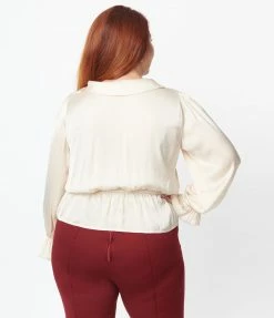 Unique Vintage Plus Size Champagne Satin Peplum Blouse Tops