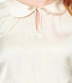 Unique Vintage Plus Size Champagne Satin Peplum Blouse Tops