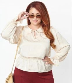 Unique Vintage Plus Size Champagne Satin Peplum Blouse Tops