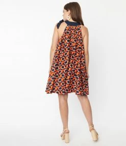 Collections Smak Parlour Navy & Red Chain Print Pleated Shift Dress