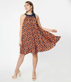 Collections Smak Parlour Navy & Red Chain Print Pleated Shift Dress