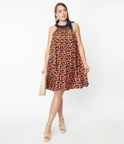 Collections Smak Parlour Navy & Red Chain Print Pleated Shift Dress