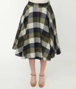 SHEEN Clothing Ltd Retro Style Navy & Hunter Green Plaid Sophie Swing Skirt Bottoms