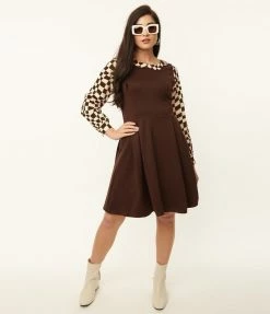 Collections Smak Parlour Brown & Checkerboard Sleeve Flare Dress