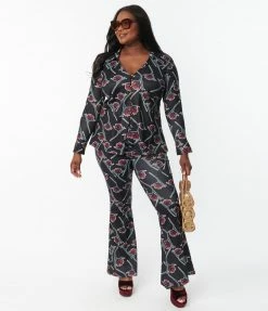 Bottoms Unique Vintage Plus Size Black & Burgundy Floral Print Flare Pants