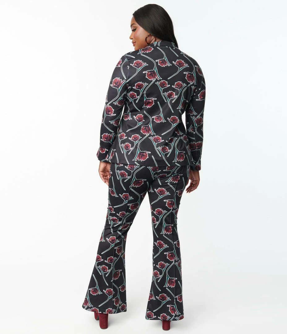 Bottoms Unique Vintage Plus Size Black & Burgundy Floral Print Flare Pants