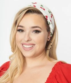 Unique Vintage White & Red Cherry Print Hair Scarf