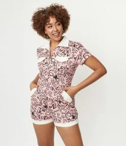 Jaws X Unique Vintage Pink & Black Doodle Print Mia Romper Unique Vintage Brand