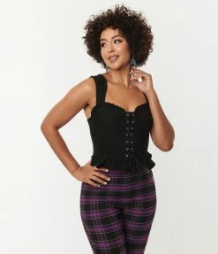 Unique Vintage Black Lace Up Peplum Corset Top Tops