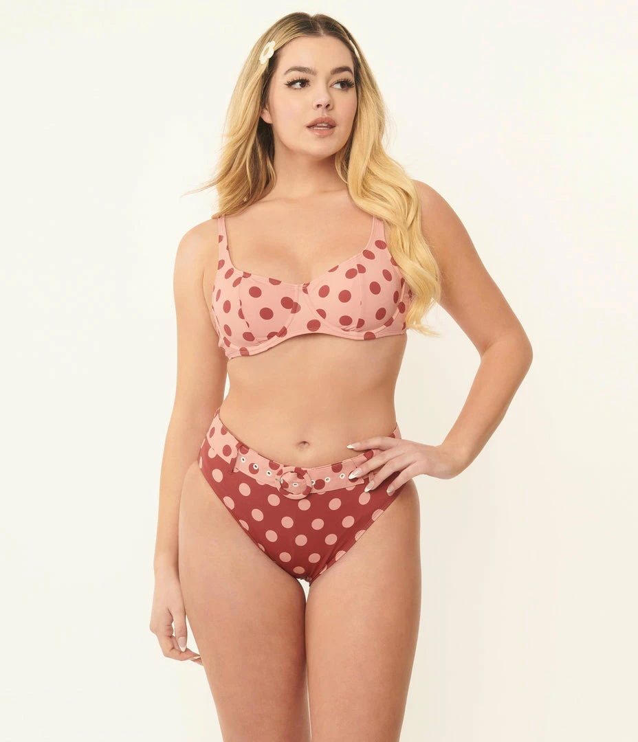 Kingdom & State Dusty Pink & Burgundy Polka Dot Swim Top Swimwear