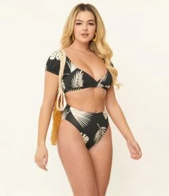 Kingdom & State Black & Cream Tropical Leaf Swim Top Swimwear