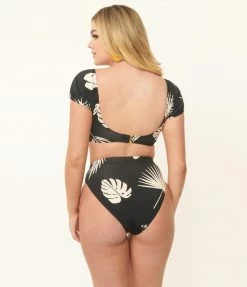 Kingdom & State Black & Cream Tropical Leaf Swim Top Swimwear