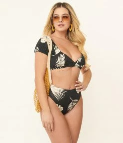 Kingdom & State Black & Cream Tropical Leaf Swim Top Swimwear