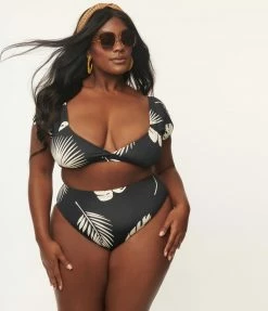 Swimwear Kingdom & State Plus Size Black & Cream Tropical Leaf Swim Bottoms