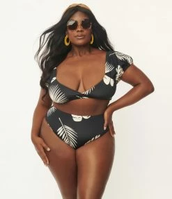 Swimwear Kingdom & State Plus Size Black & Cream Tropical Leaf Swim Bottoms