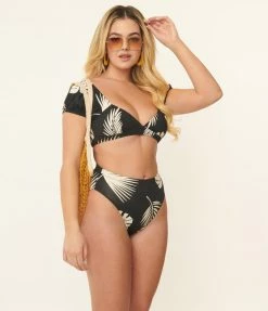 Kingdom & State Black & Cream Tropical Leaf Swim Bottoms Swimwear