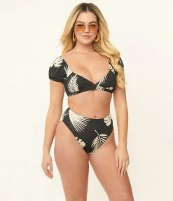 Kingdom & State Black & Cream Tropical Leaf Swim Bottoms Swimwear