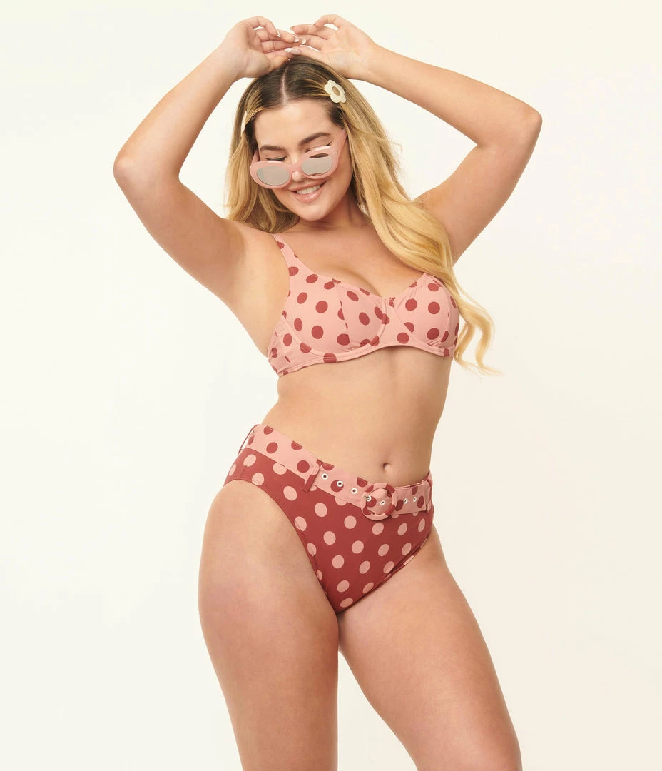 Kingdom & State Burgundy & Dusty Pink Polka Dot Swim Bottoms Swimwear