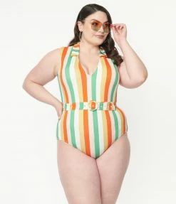 Swimwear Kingdom & State Plus Size Multi Stripe One Piece Swimsuit
