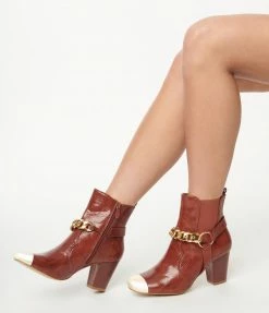 Mata Group Shoes Brown Reptile Embossed & Gold Toe Booties