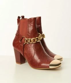 Mata Group Shoes Brown Reptile Embossed & Gold Toe Booties