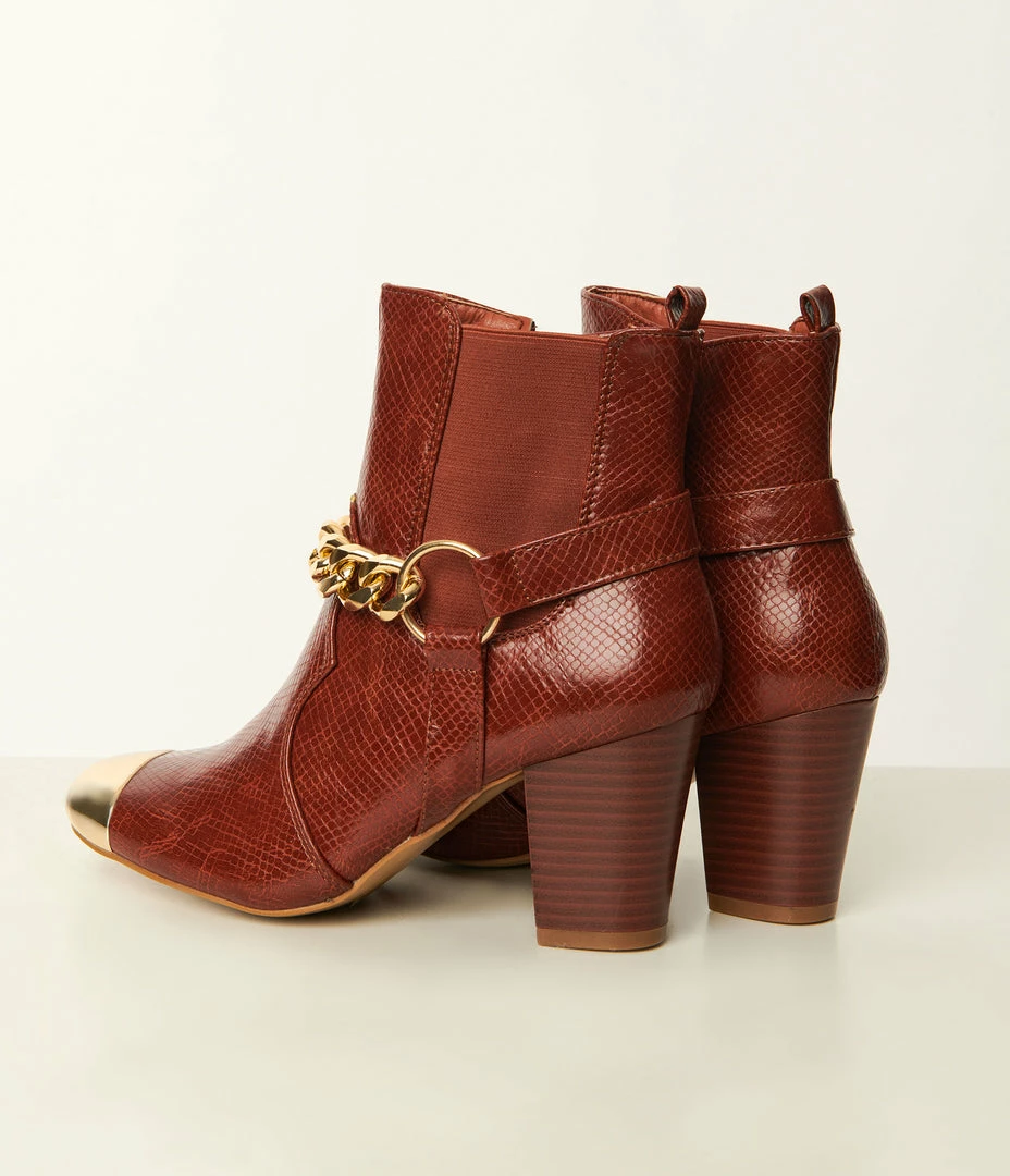 Mata Group Shoes Brown Reptile Embossed & Gold Toe Booties
