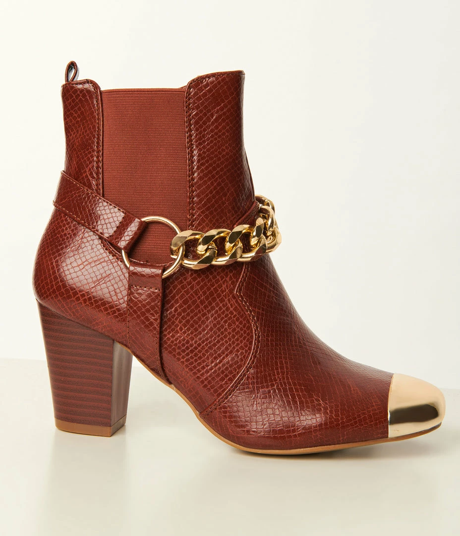 Mata Group Shoes Brown Reptile Embossed & Gold Toe Booties