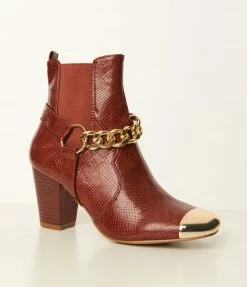 Mata Group Shoes Brown Reptile Embossed & Gold Toe Booties