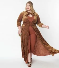 Unique Vintage Plus Size Olive Green & Rust Devore Velvet Tallullah Duster
