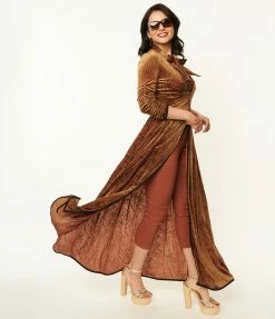 Unique Vintage Olive Green & Rust Devore Velvet Tallullah Duster