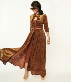 Unique Vintage Olive Green & Rust Devore Velvet Tallullah Duster