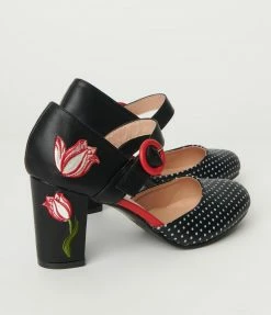 Lifestyle Group (UK) Ltd Black Polka Dot & Floral Heels 1930s & 1940s