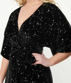 Unique Vintage Black Velvet & Star Print Wrap Midi Dress The Creepy Collection